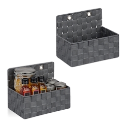 Relaxdays Aufbewahrungskorb hängend, 2er Set, Hängekorb in Flechtoptik, Bad, Flur, Wandkorb HBT 20 x 25 x 16,5 cm, grau Image