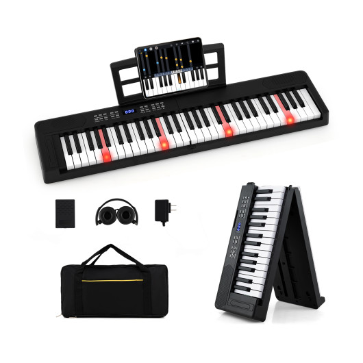 Costway 61-Key Foldable Piano Keyboard Full-size Electronic Keyboard with MIDI and Split Function-Black