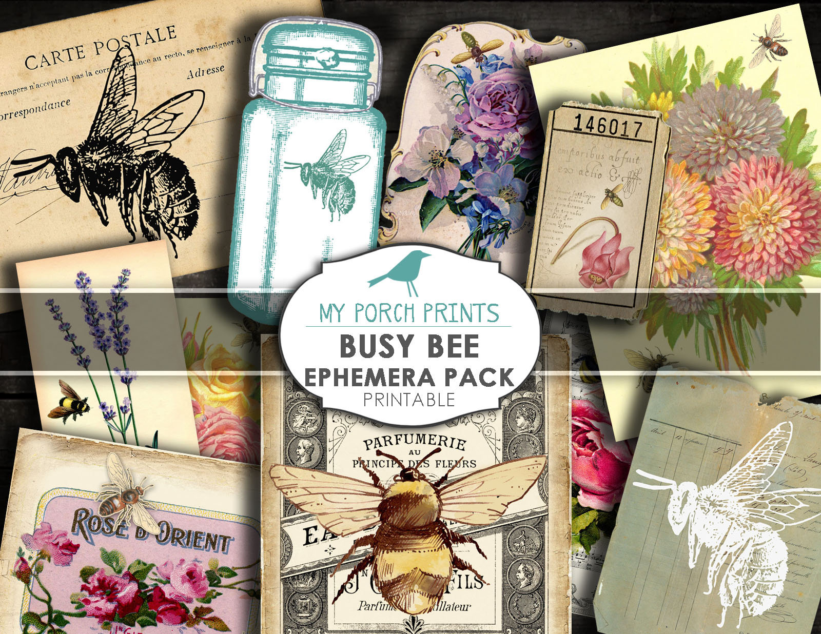 Busy Bee Ephemera Pack, Junk Journal Ephemera, Cartolina, Foglio di collage, Download, ATC, Digitale, Kit Junk Journal, tag, vintage, Stampabile