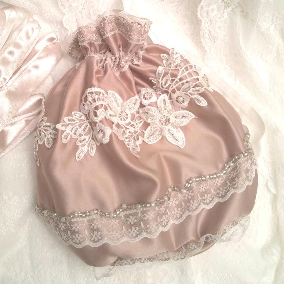Borsa edoardiana color avorio color cappuccino fatta a mano, borsa con coulisse Regency, borsa da sposa, borsetta Regency, borsetta da sposa con perli