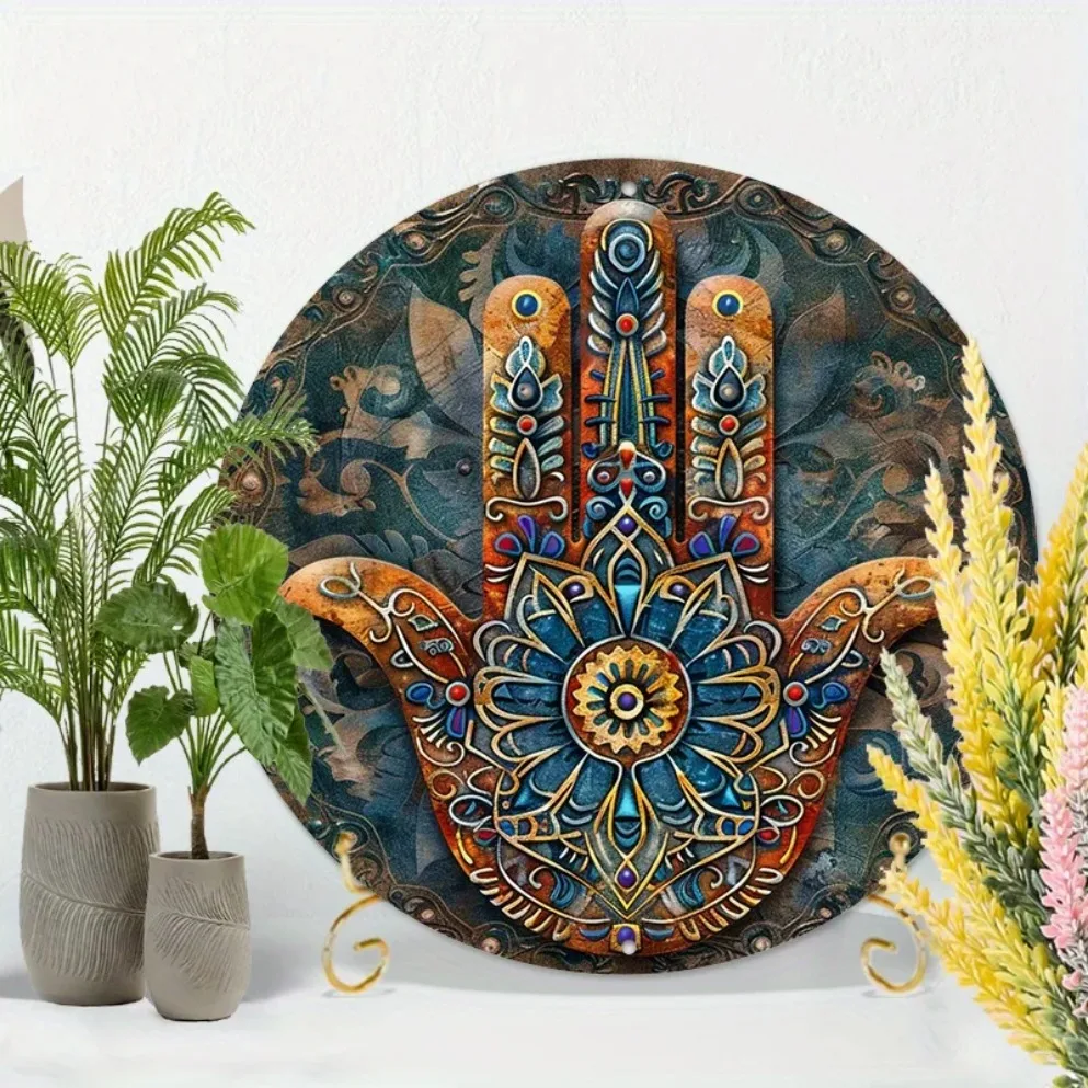 „Schützendes Symbol“ Elegante Hamsa-Hand-Metallwandkunst – 20,3 x 20,3 cm, perfekt für Haus- und Gartendekoration, vorgebohrte Löcher, Raumdekoration
