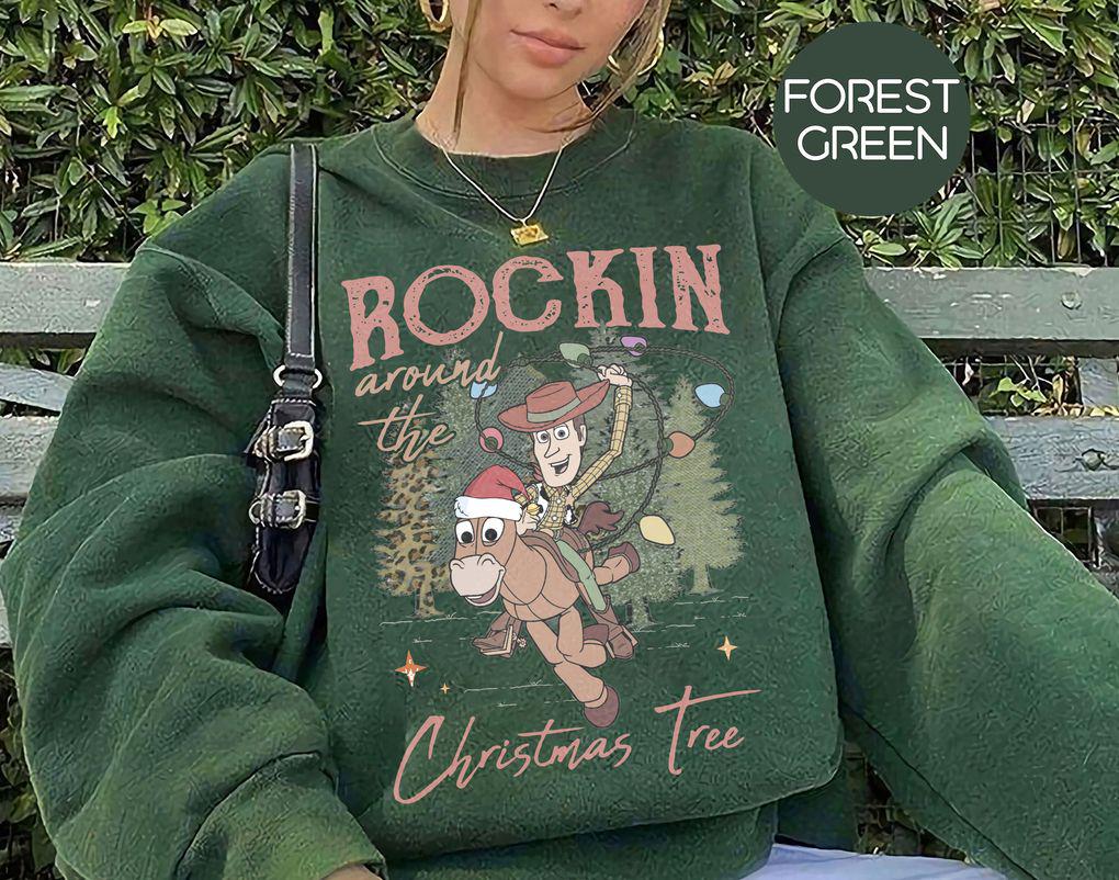 Felpa natalizia vintage Disney Pixar Toy Story, maglietta Woody Bullseye Rockin Around The Christmas Tree, maglietta Toy Story Christmas Light