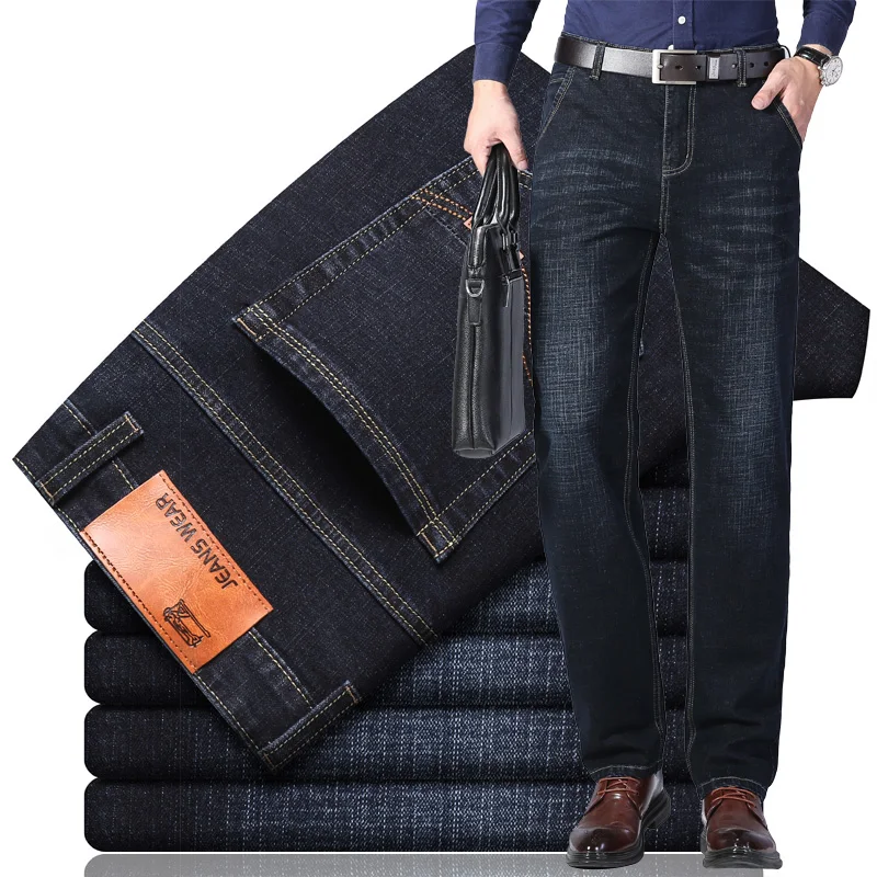 2025 Neue klassische Herren-Stretch-Jeans, Business-Casual-Denim-Hose mit geradem Bein, männliche schwarze blaue Hose, Größe 28–40