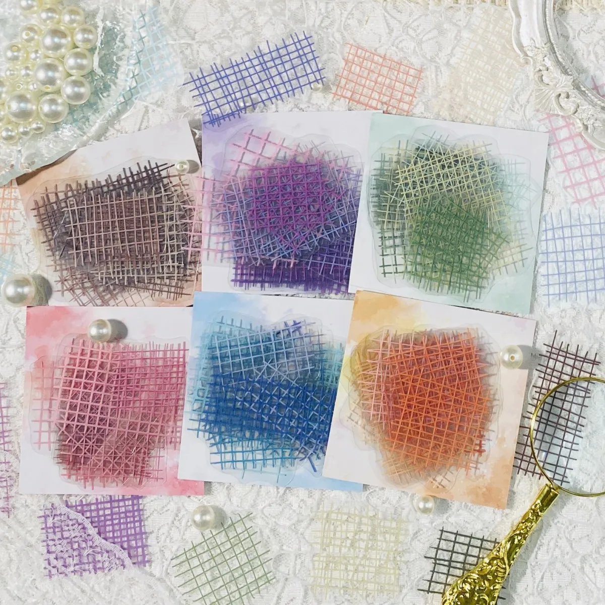 20 Stück Linien-Gitter-Aufkleber, PET-Material, transparente Aufkleber für Scrapbooking-Zubehör, ästhetische Junk-Journal-Aufkleber Image