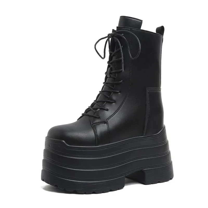 NEUE 10 cm Hohe Plattform Gothic Stiefel Schnalle Herbst Winter Leder Schuhe Punk Straße Cosplay Mid-kalb Stiefel Motorrad kurze Botas