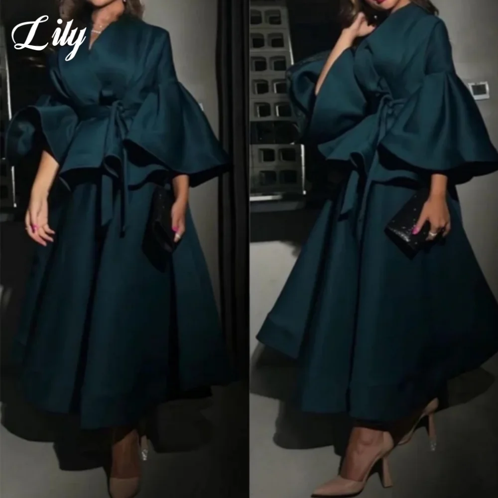 Lily Green Elegant Party Gown Full Sleeves Pleat Prom Dress Ruffles Ankle-Length Party Dresses for Woman robe soirée Customized