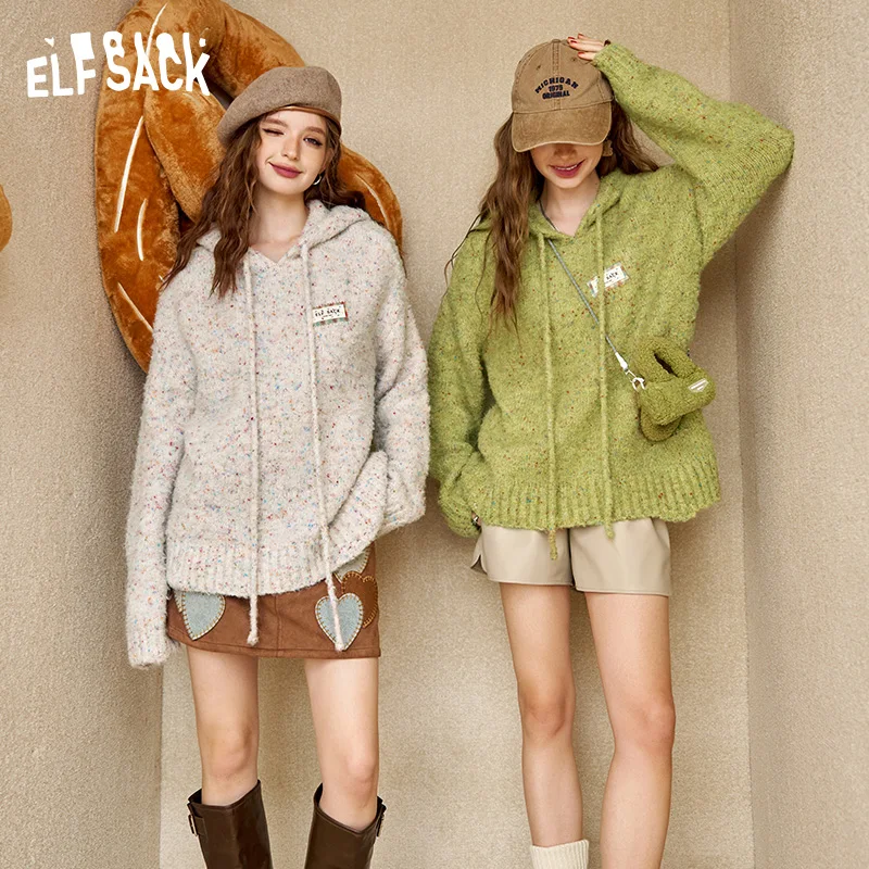 ELFSACK Damen-Pullover, bunt, flauschig, mit Kapuze, fauler Stil, Herbst, Neuankömmling, bequem, weich, Strickwaren Image