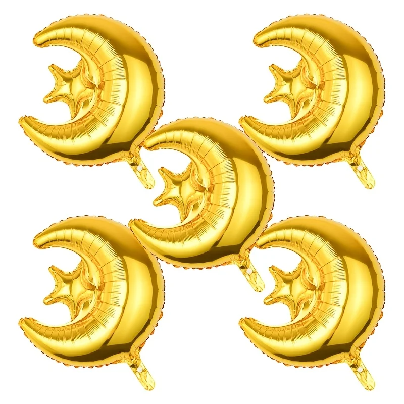 5er-Pack goldene Mond- und Sternballons, Folienballons mit Mond und Stern, geeignet für Eid Al-Adha, Eid Al-Fitr, islamische Partydekorationen zum Neujahr Image