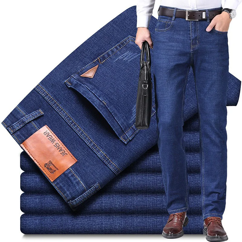2025 Neue klassische Herren-Stretch-Jeans, Business-Casual-Denim-Hose mit geradem Bein, männliche schwarze blaue Hose, Größe 28–40