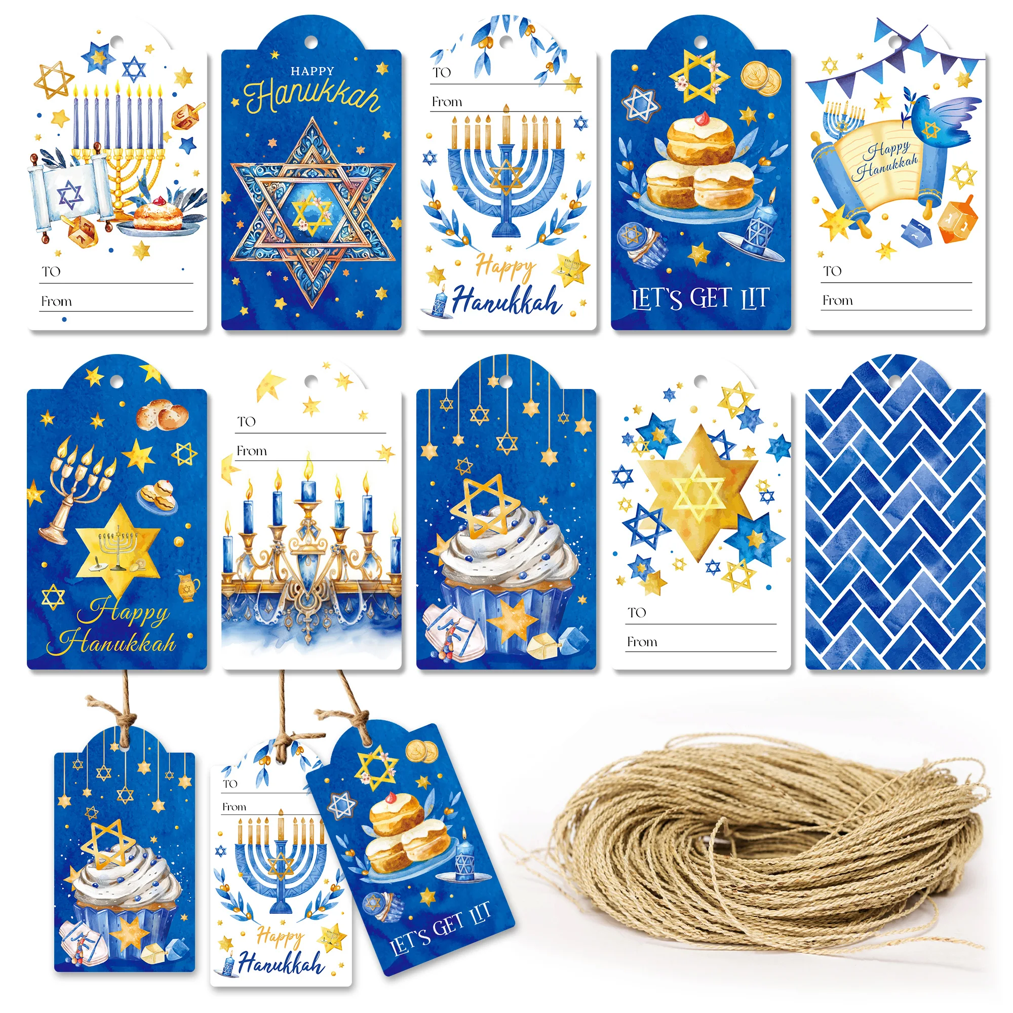60 Stück Chanukka-Papieranhänger mit Schnur, Geschenkverpackung, Etikettenbox, Dekorationskarte für Chanukka-Partyzubehör Image
