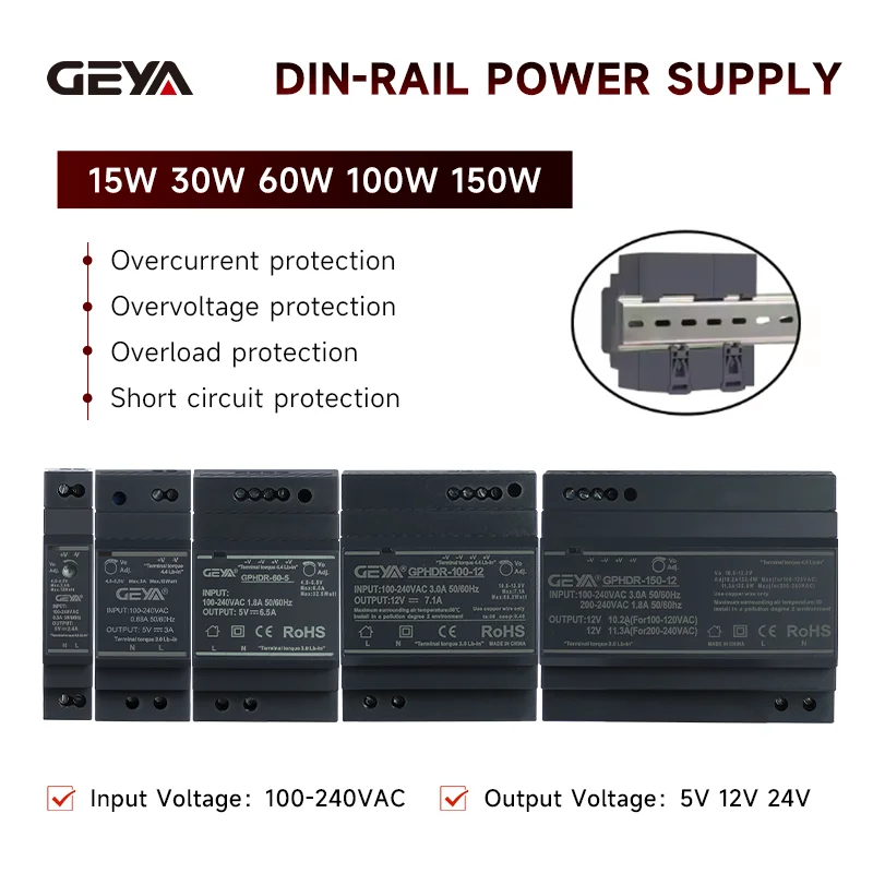 GEYA HDR-Serie DIN-Schiene SMPS 15/30/60/100/150 W | Universeller Eingang 100–240 VAC/140–340 VDC | 5/12/24V Ausgang Image