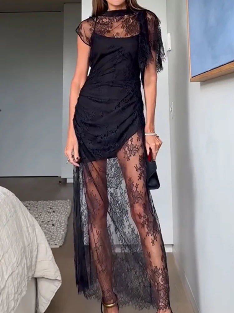 Sommer Frauen Spitze Patchwork Chic Maxi Kleid, Urlaub Mode Kurzarm Einfache Party Kleid, Hohl Sexy Elegante Damen Kleid