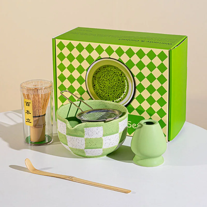 4/5-teiliges Matcha-Werkzeugset, karierte Matcha-Schüssel aus Keramik mit Auslauf, Werkzeugset zum Frühstück und Latte, Etikette-Matcha-Set als Geschenk Image