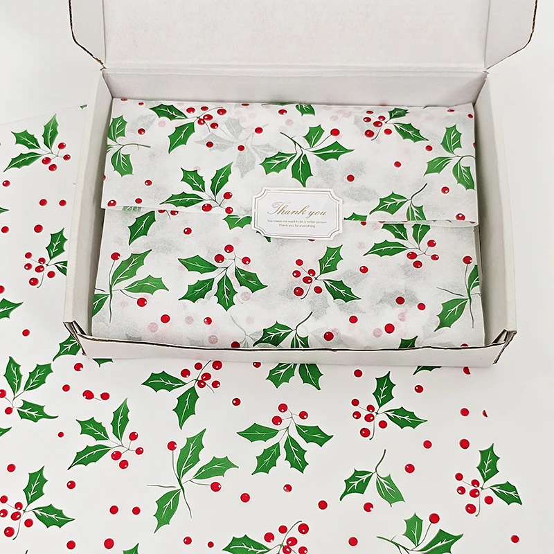 10 Stück Seidenpapierbögen mit grünen Blättern, Weihnachten, botanisch bedrucktes Blatt-Geschenkpapier für Neujahr, Festival, Verpackungsgeschenke Image