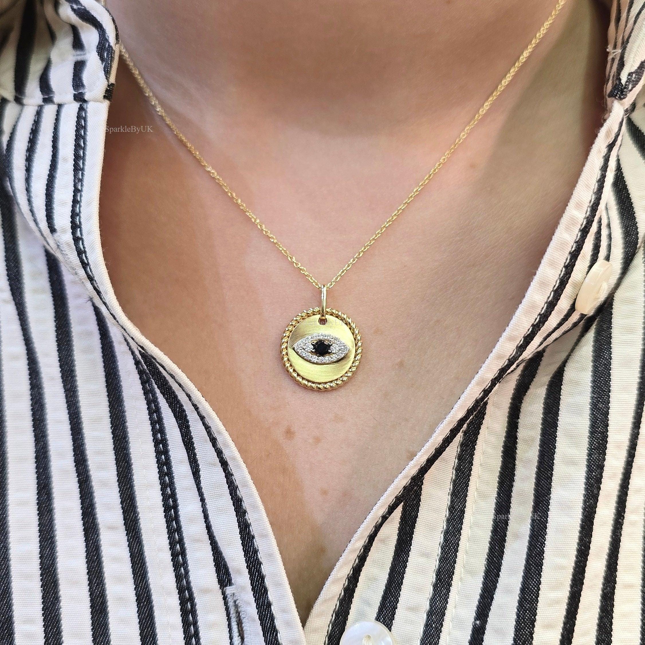 14k 18k Solid Gold Evil Eye Halskette Lab gewachsene Diamant Einzigartige Alltag Luxus Gold Zarte Zierliche Diamant Kabelkette Disc Charm Halskette