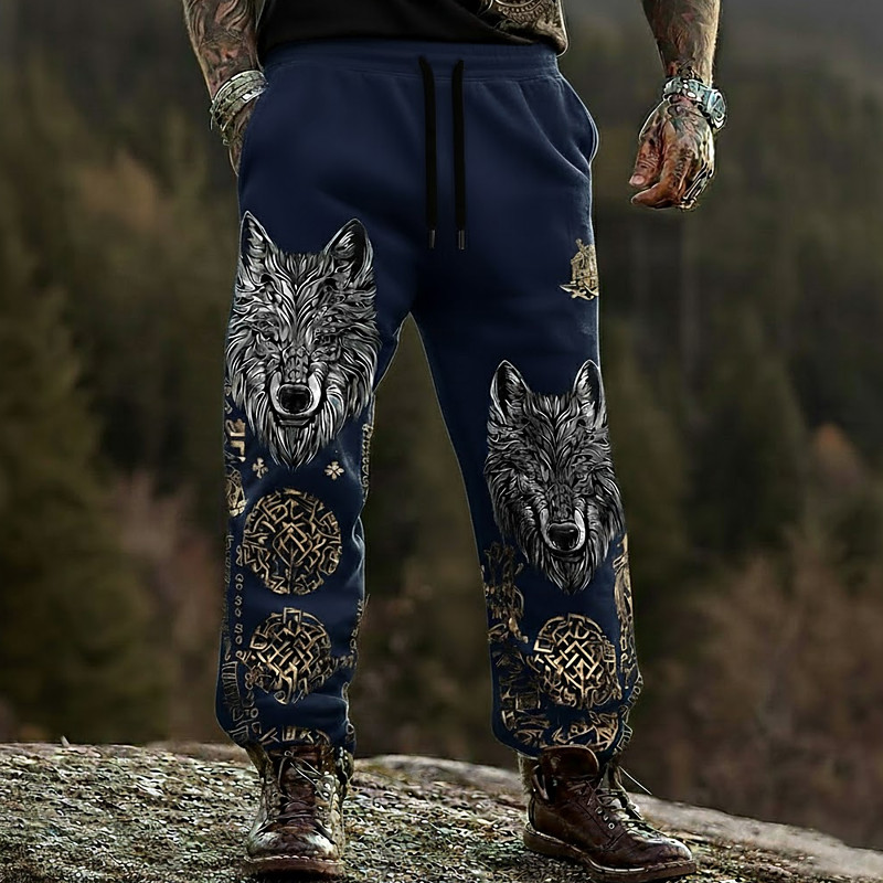 Men's Wolf Viking Celtic Art Casual Pants Pants Trousers Mid Waist Drawstring Elastic Waist Vintage Retro Outdoor Camping Hiking Hunting Straight Leg Trousers Spring Fall 3D Print Black Green Dark