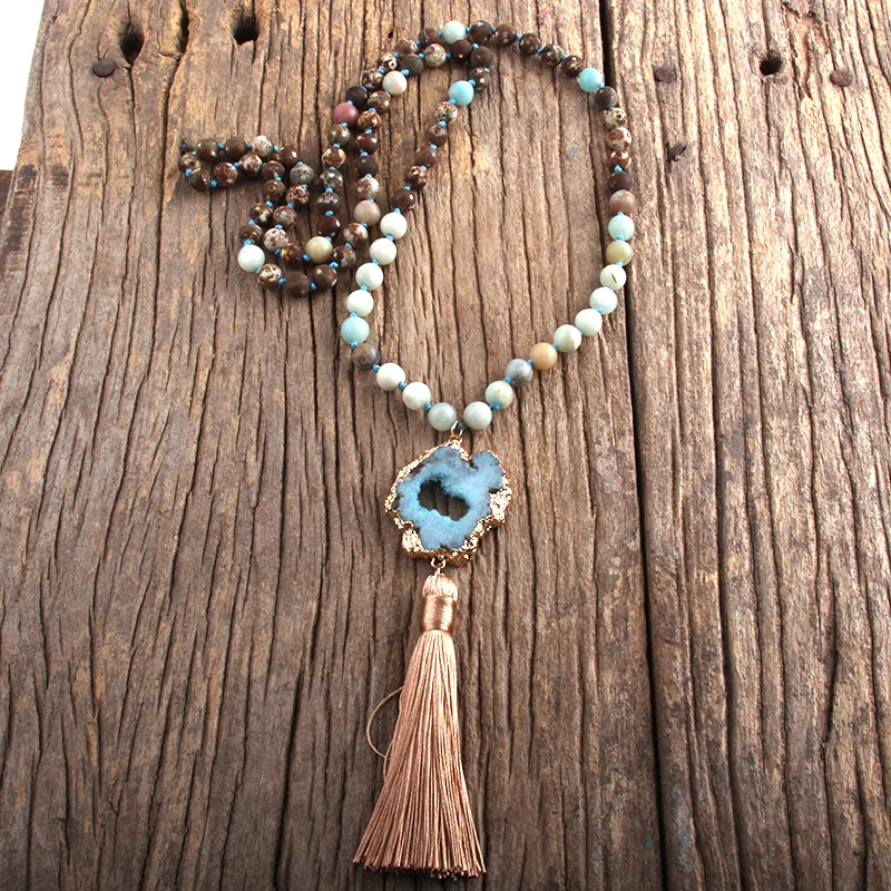 Gioielli bohémien di moda pietre annodate Druzy Stone Links collane con nappe per Boho Jewelryes collana regalo donna Lariat