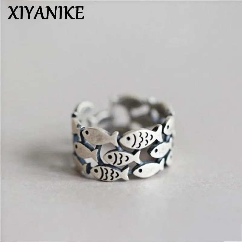 XIYANIKE Silberfarbene handgefertigte Verlobungsringe für Frauen, Hochzeitspaar, kreatives Design, niedlicher Fischschmuck, verstellbar Image