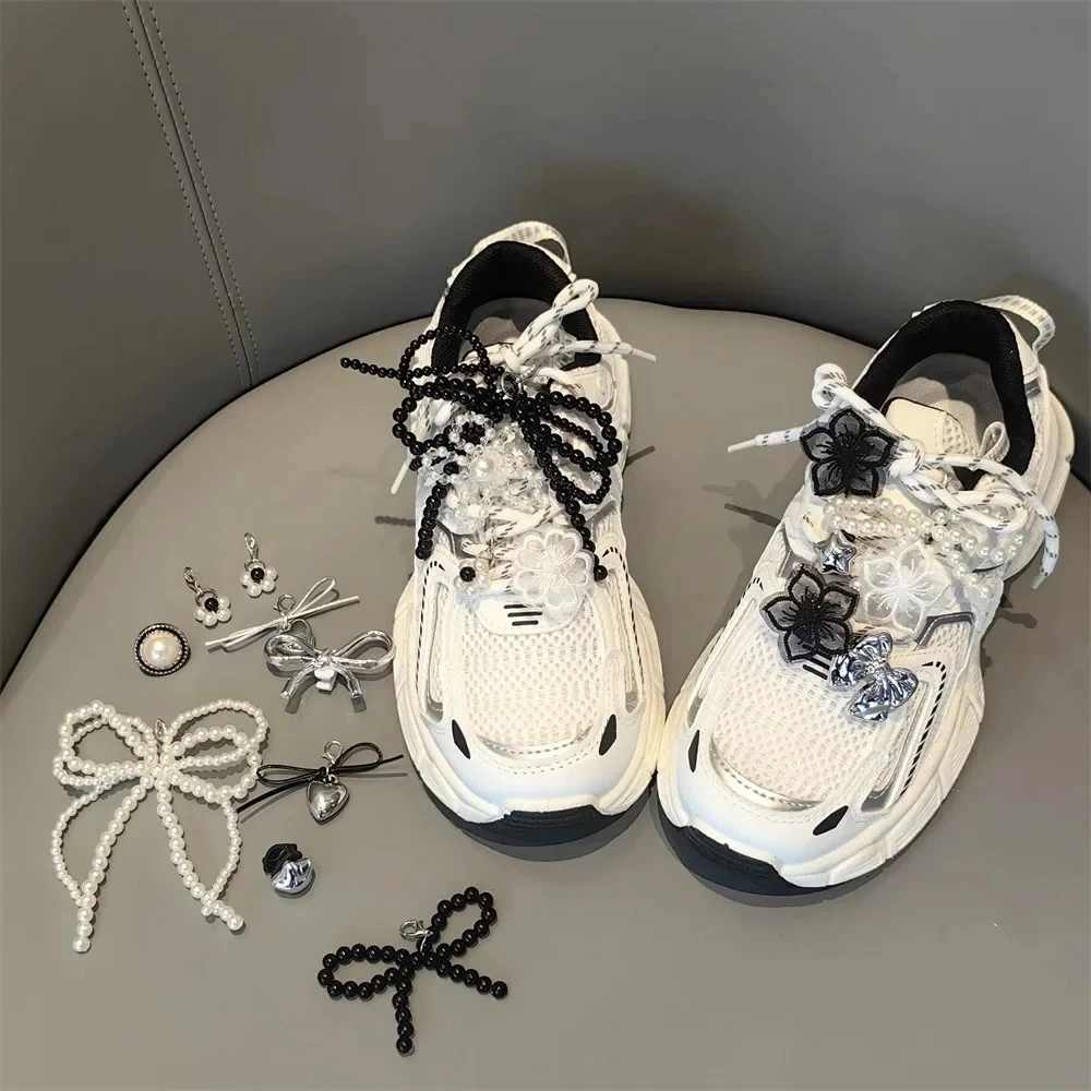 Feenschleife-Schnürsenkel-Set – Schwarz/Weiß mit Kristallblume, Perlen-Charm-Schnalle für Ballettschuhe, dekorative Schnürsenkel, Zubehör, 1 Stück Image