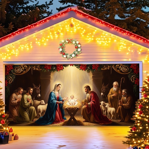 Copertura per porta da garage natalizia, scena della natività 2025, grande fondale da appendere, decorazioni per esterni per feste, sfondo per riprese in giardino, casa, decorazione natalizia festiva