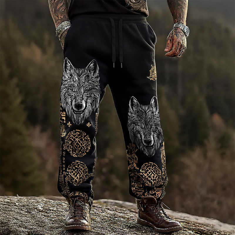 Men's Wolf Viking Celtic Art Casual Pants Pants Trousers Mid Waist Drawstring Elastic Waist Vintage Retro Outdoor Camping Hiking Hunting Straight Leg Trousers Spring Fall 3D Print Black Green Dark
