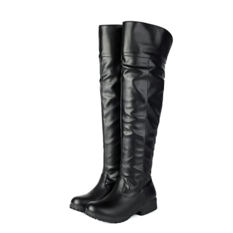2025 Damen-Oberschenkelhohe Schuhe, runde Zehen, dicke Absätze, 3 cm, große Größe, 49 50 51, lässiger Winter, kniehoher Bota