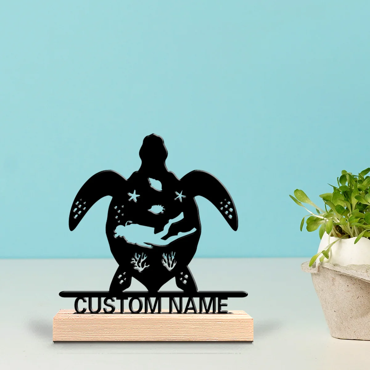 1 Stück Beauty personalisierte individuelle Meeresschildkröten und Taucher Metallstatuen Metallkunst mit Holzsockel Zen-Büros, ruhige Räume Image