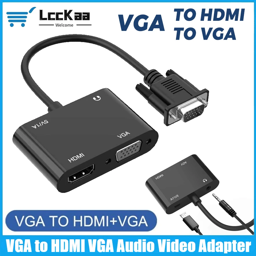 LccKaa VGA zu HDMI VGA Konverter 1 in 2 Out VGA Splitter mit 3,5 mm Audio für Computer Desktops Laptops Projektor Monitor Image