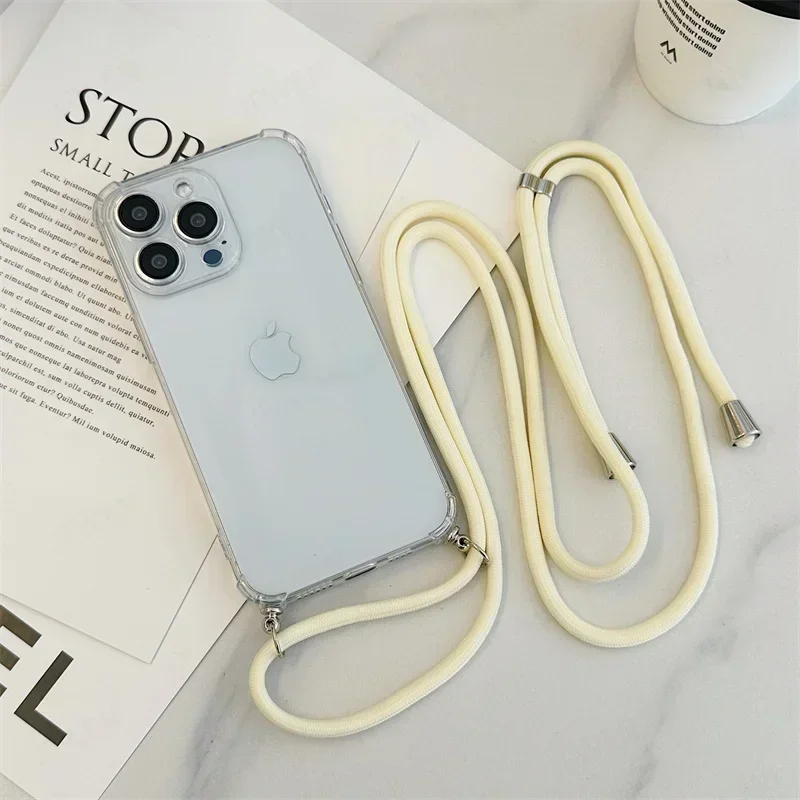 Coque de téléphone transparente avec lanière bandoulière pour iPhone, coque arrière en TPU souple, silicone antichoc, iPhone 16, iPhone 15 Plus, iPhone 14, iPhone 13, iPhone 12 Mini, iPhone 11 Pro Max