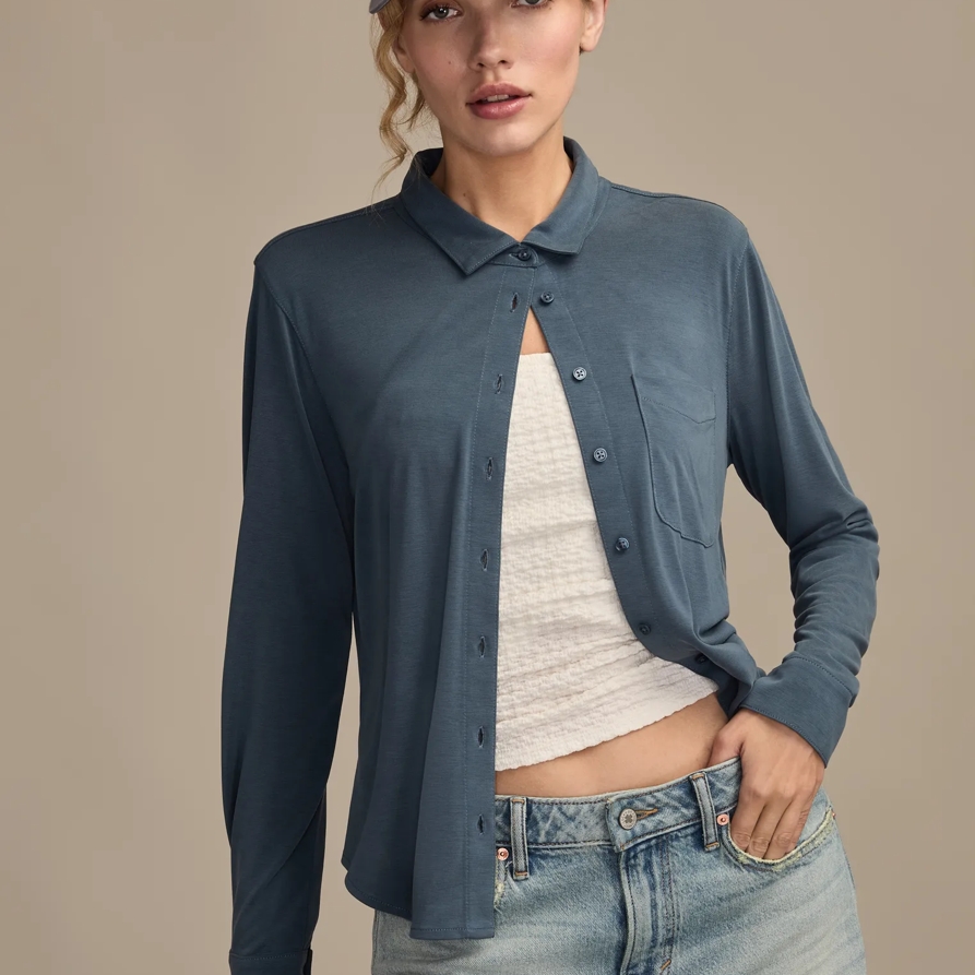 Lucky Brand Sandwash Long Sleeve Button Front - Women's Clothing Long Sleeve Tee Shirt Tops in Moonlit Ocean, Size M