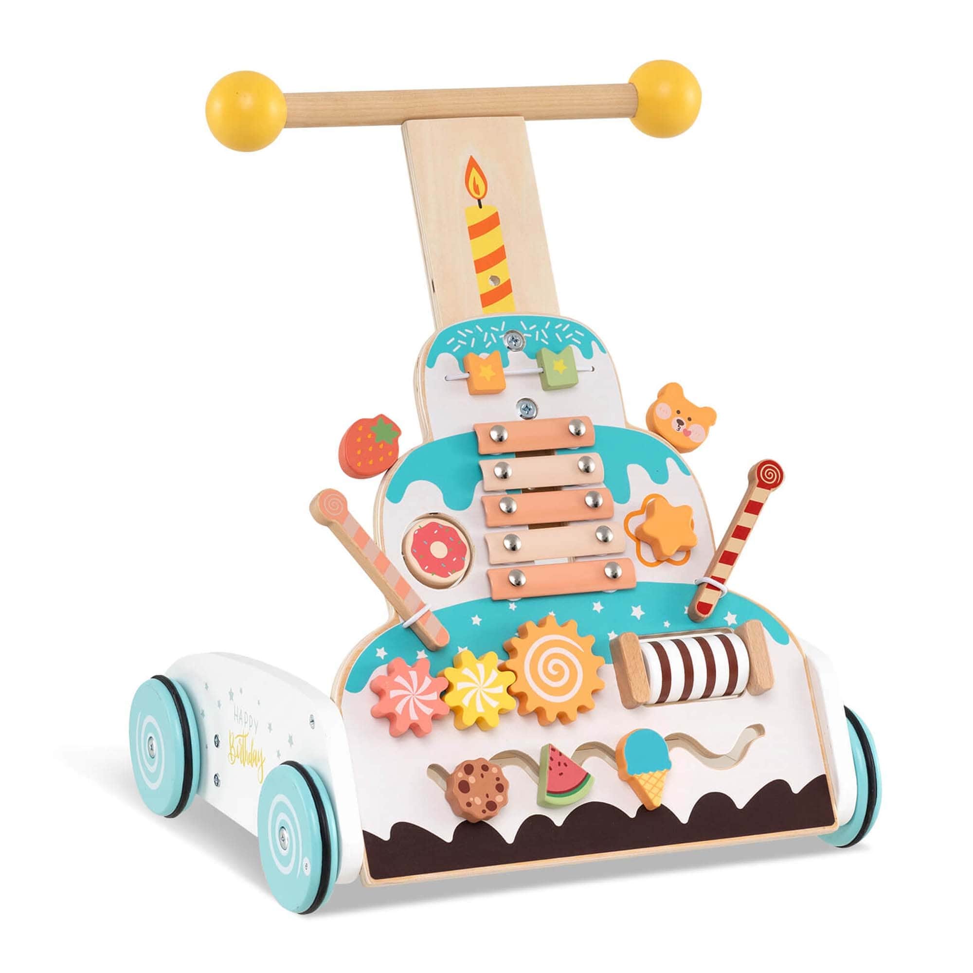 Wooden Baby Push Walker Toddler Activity Center w/Adjustable Handle - Multicolor