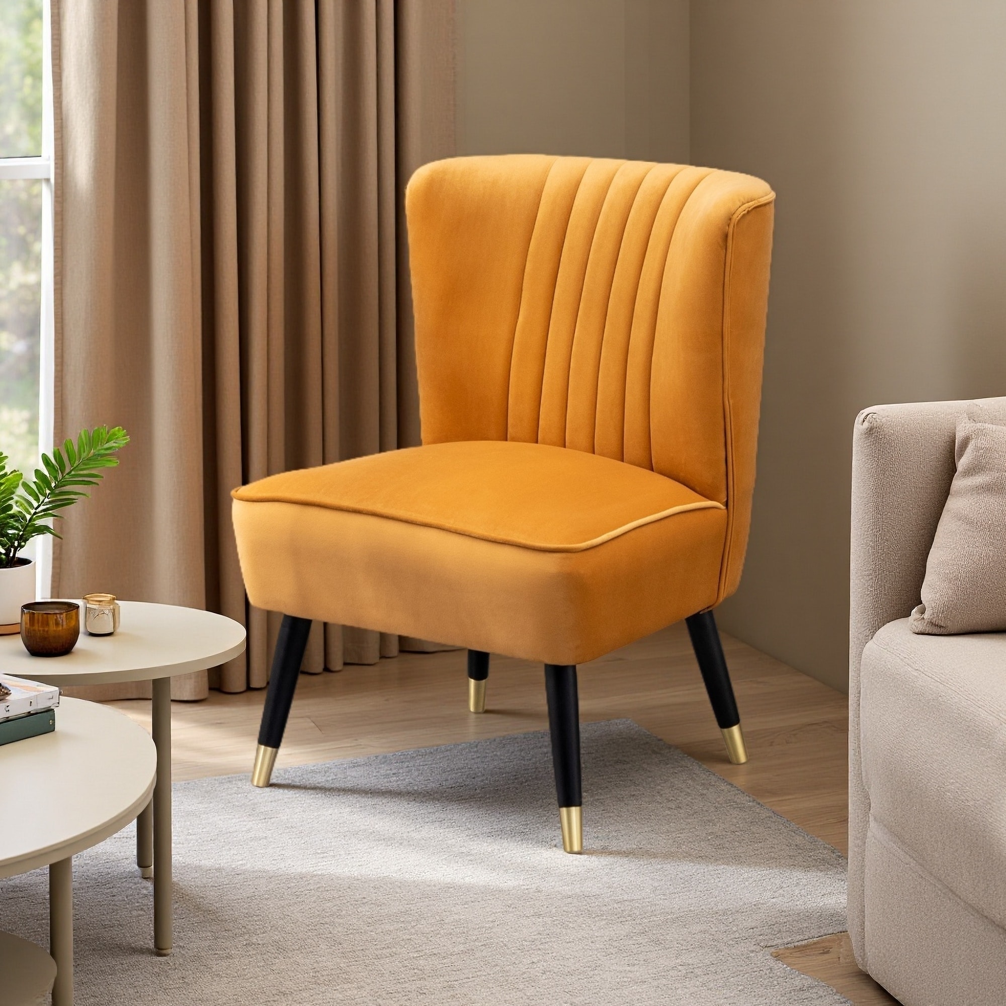 Velvet Accent Chair with Foam Cushion, Lined Stitching & Rubberwood Legs