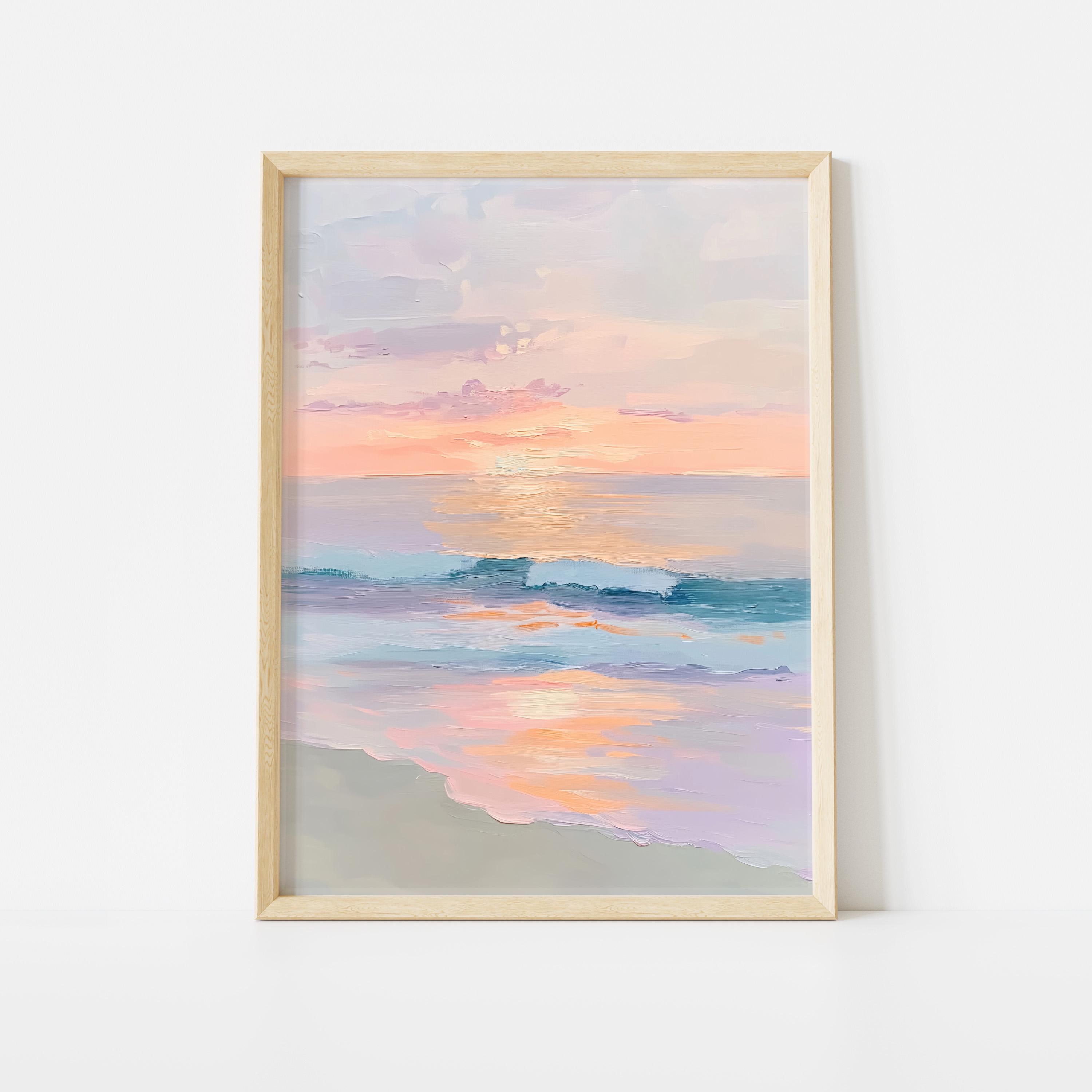 Poster con tramonto sull'oceano in colori pastello, stampa artistica da parete con paesaggio marino costiero, dipinto con onde tranquille sulla spiagg