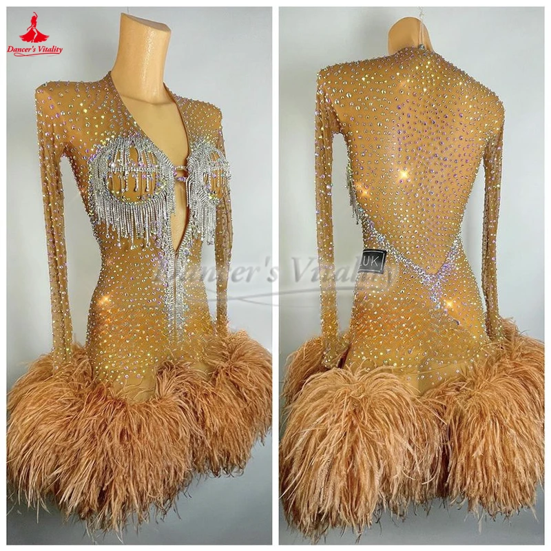 High-End-Luxus AB Stones Latin Dance Straußenfedern Kleid Erwachsene Kinder und Jugendliche Chacha Samba Jive Outfit Anpassen Image