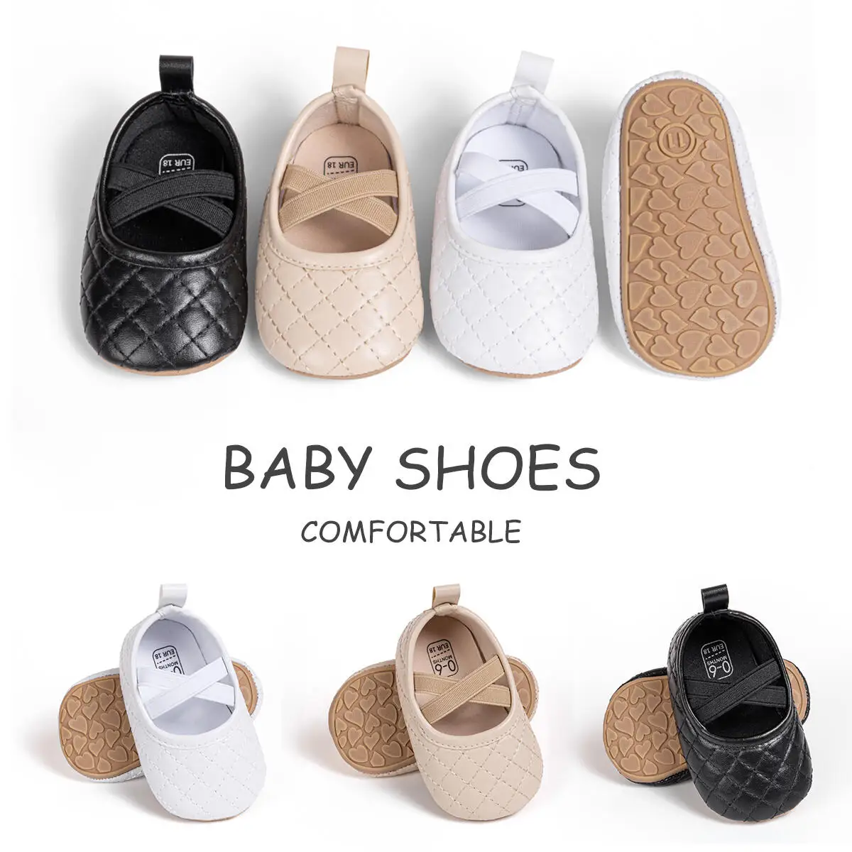 Schachbrett-Baby-Mädchen, lässige Lederschuhe, einfarbig, Kreuzriemen, Prinzessinnen-Wanderschuhe, Gummi, weiche, rutschfeste Sohle, 0–18 Monate Image