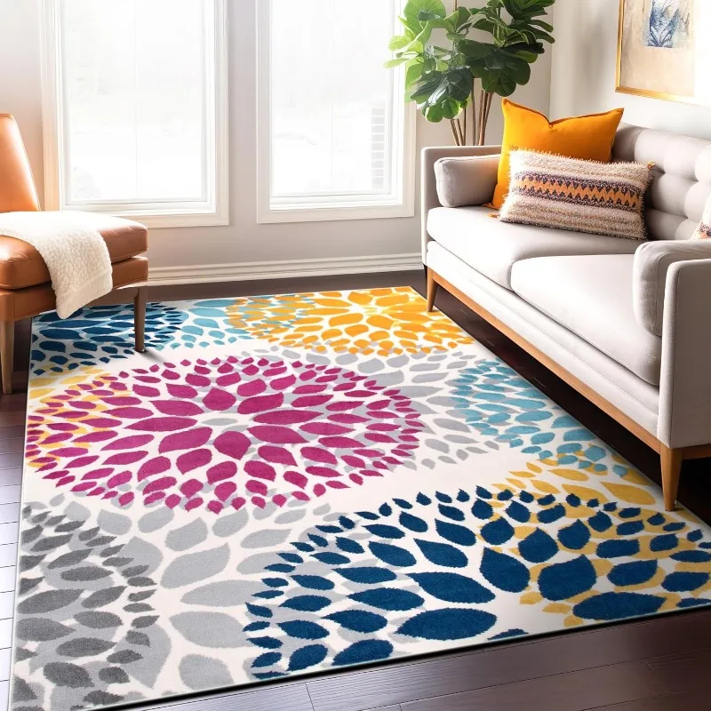 Bunter Blumenteppich, böhmischer Aquarellteppich, Schlafzimmer, Wohnzimmer, warme Dekoration, Bodenmatte, große Fußmatte, Heimdekoration Image
