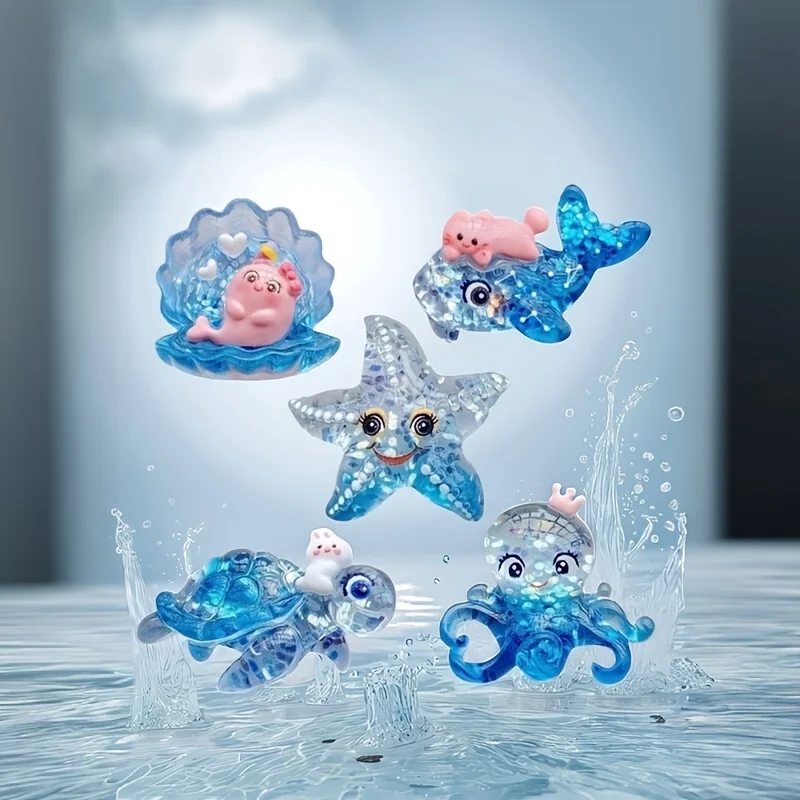 Glänzendes Ozean-Themen-Harzstatuen-Set – Schildkröte, Oktopus, Seestern, Muschel, Delphin, geeignet zum Selbermachen Image