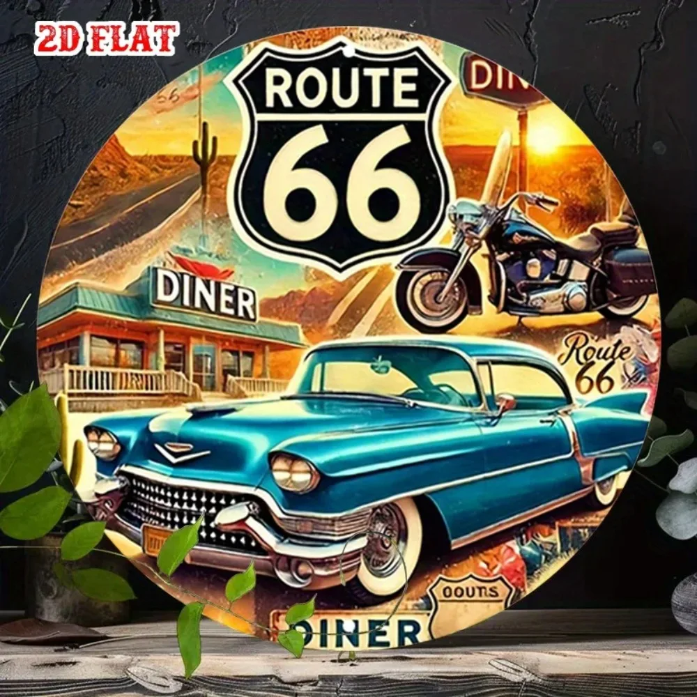 2D flaches, retro Road 66, rundes Holzschild – Wanddekoration aus Metall für Motorräder und Autos Image