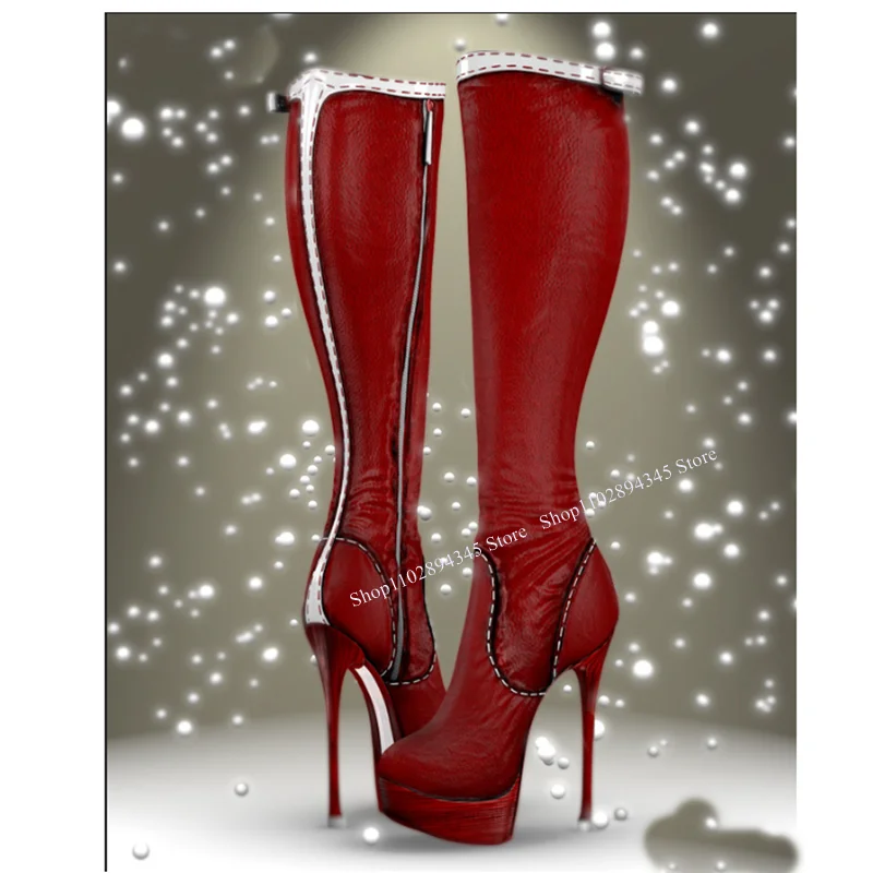 Rote Zipper Kniehohe Plattform Stiefel Thin High Heel Runde Kappe Mode Sexy 2025, Winter Große Größe Frau Schuhe Zapatillas Mujer