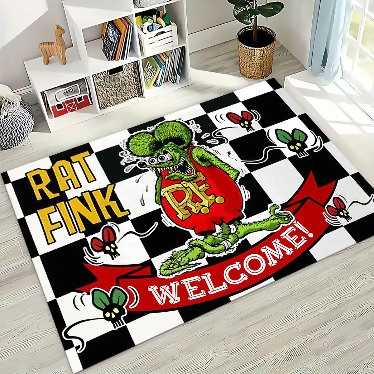 3D Rebellious RAT FINK Cars Schild Cartoon Teppich für Schlafzimmer Wohnzimmer Sofa Home Fußmatte Dekor, große Kinder spielen rutschfeste Bodenmatte