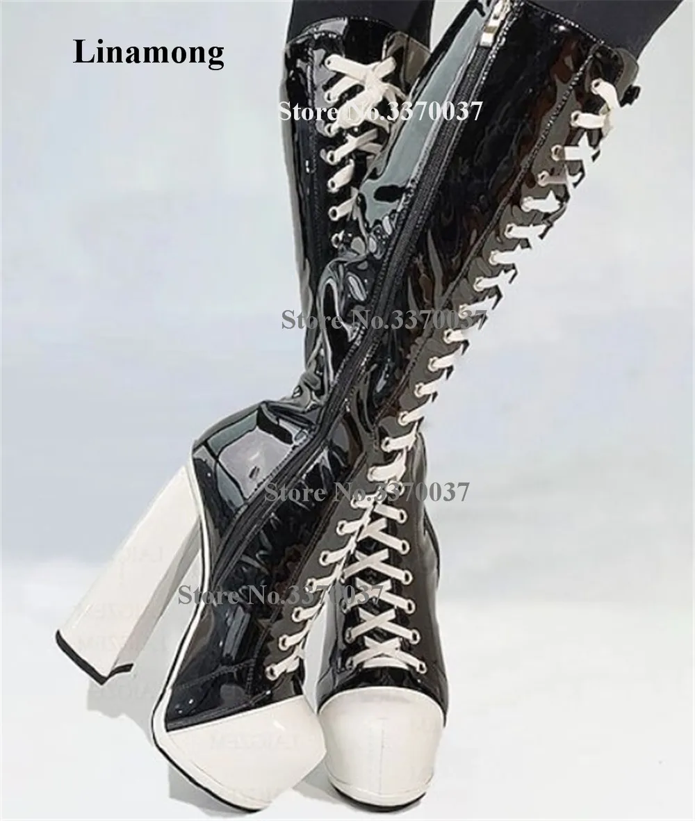 Linamong Schwarz-weißes Lackleder, kniehohe Sportstiefel mit klobigem Absatz, runde Zehen, Schnürung, hohe Plattform, dicker Absatz, lange Stiefel