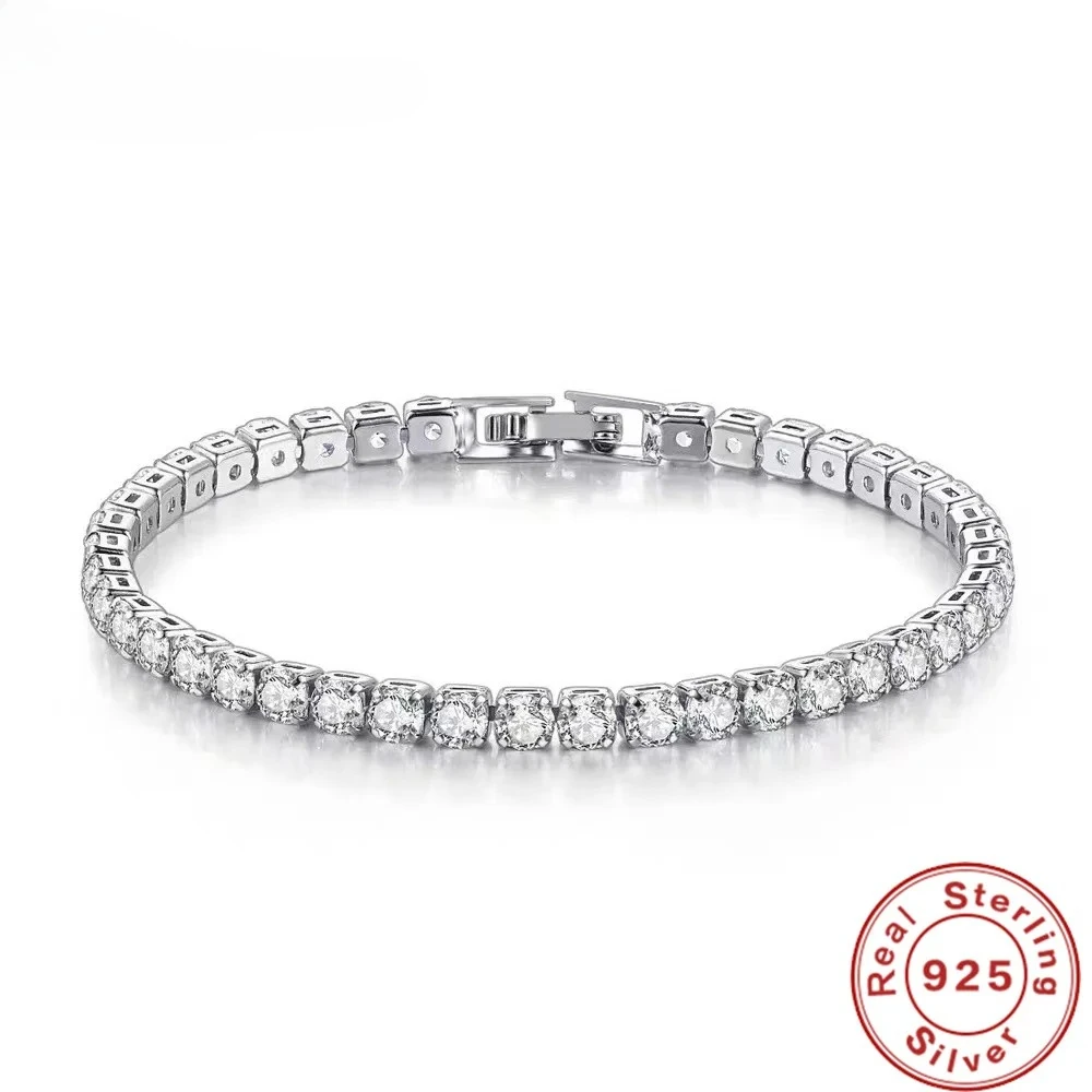 Bracciale in argento sterling S925 con zirconi, pallina da tennis, moda donna, semplice fidanzamento, matrimonio, gioielli con ciondoli 4 mm 16-20 cm