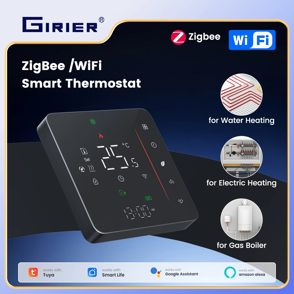 GIRIER Tuya ZigBee Smart Thermostat für Wasser-/Gaskessel, elektrische Fußbodenheizung, programmierbarer Temperaturregler, funktioniert mit Alexa Image