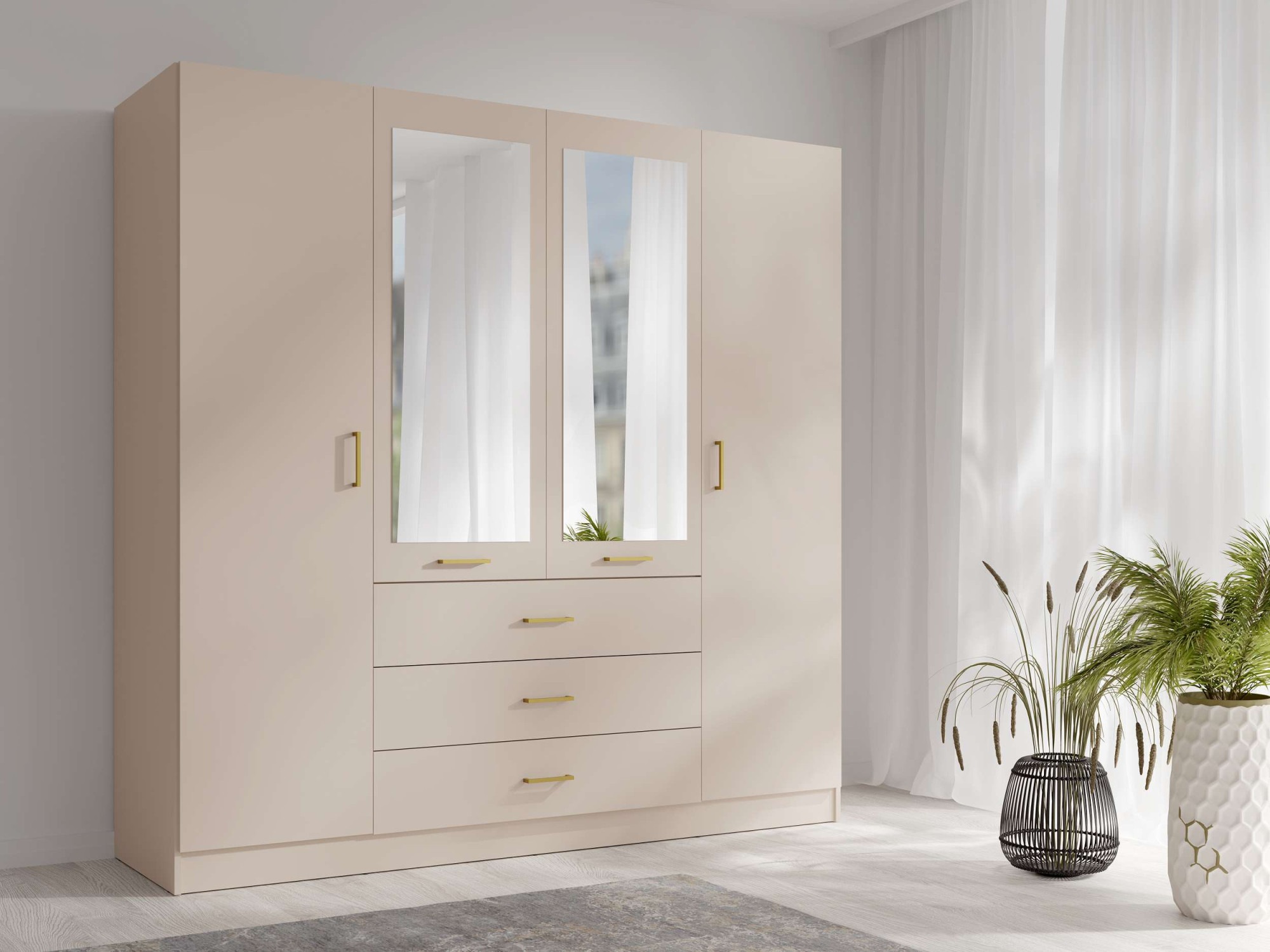 Kleiderschrank HOME AFFAIRE "KOS Garderobe mit 3 Schubladen, Kleiderstange, 8 Einlegeböden, Spiegel", beige, B:200cm H:200,5cm T:58cm, Melamin, Schränke, Kleiderschrank