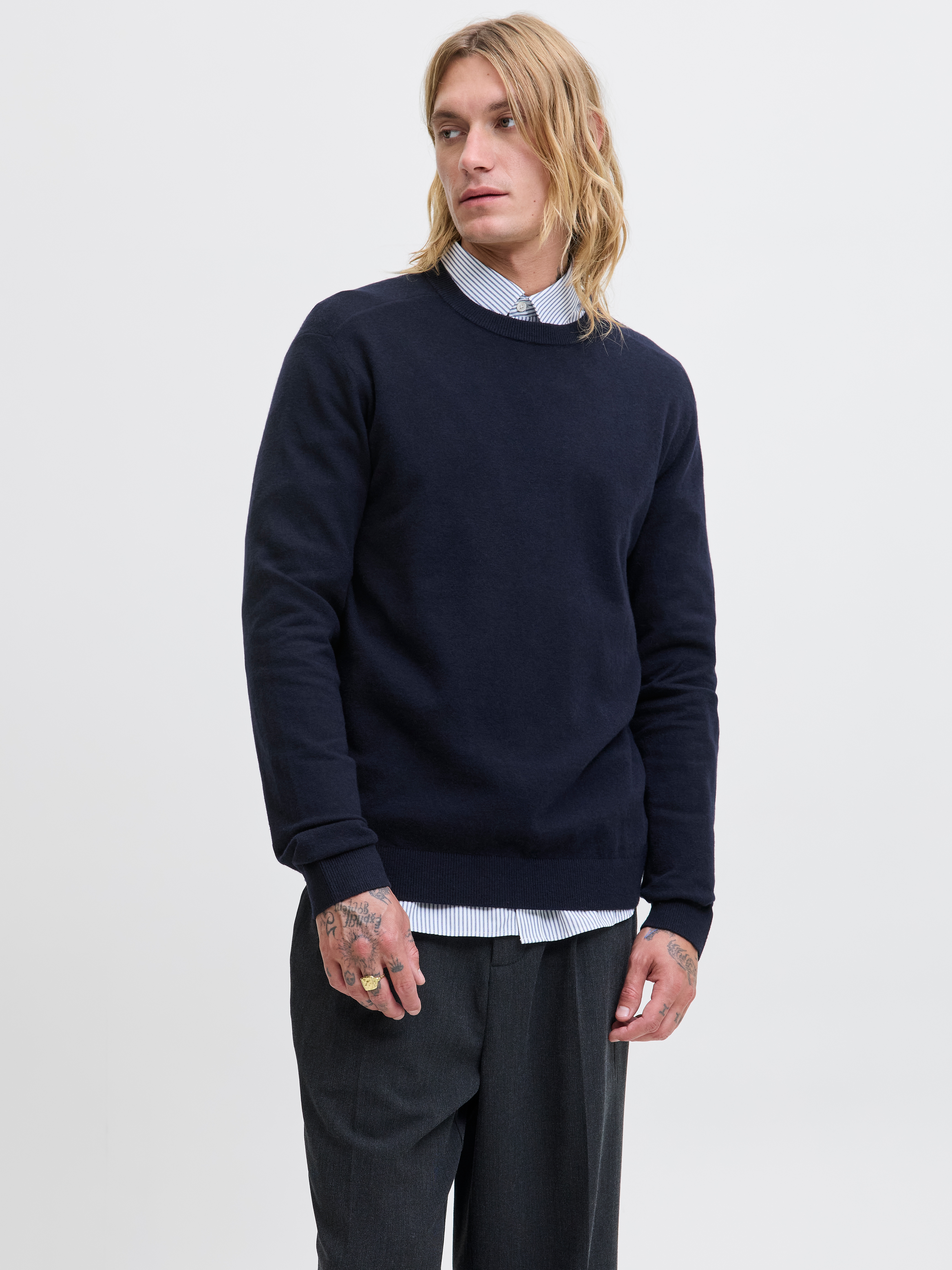 Strickpullover JACK & JONES "JJEPERFECT WOOL KNIT CREW NECK SN", Damen, Gr. XS, blau (maritime blau detail:melange), Strick, Obermaterial: 32% Baumwolle, 28% Polyester, 20% Wolle, 20% Nylon, meliert, regular fit, Rundhals, Bündchen, Pullover...
