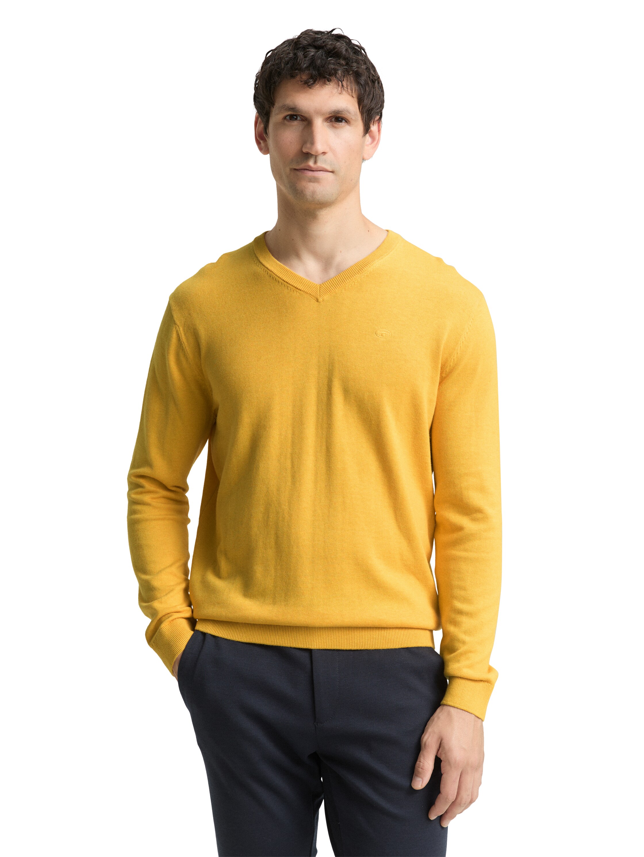 V-Ausschnitt-Pullover TOM TAILOR, Herren, Gr. XL, classic gelb melange, Strick, Obermaterial: 100% Baumwolle, meliert, regular fit normal, V-Ausschnitt, Rippbündchen, Pullover, mit kleiner Logo-Stickerei