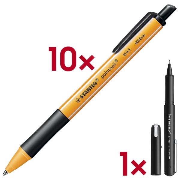 Stabilo 10x Kugelschreiber »pointball« inkl. Fineliner »dr!ver« 0,4 mm (F) schwarz schwarz Image
