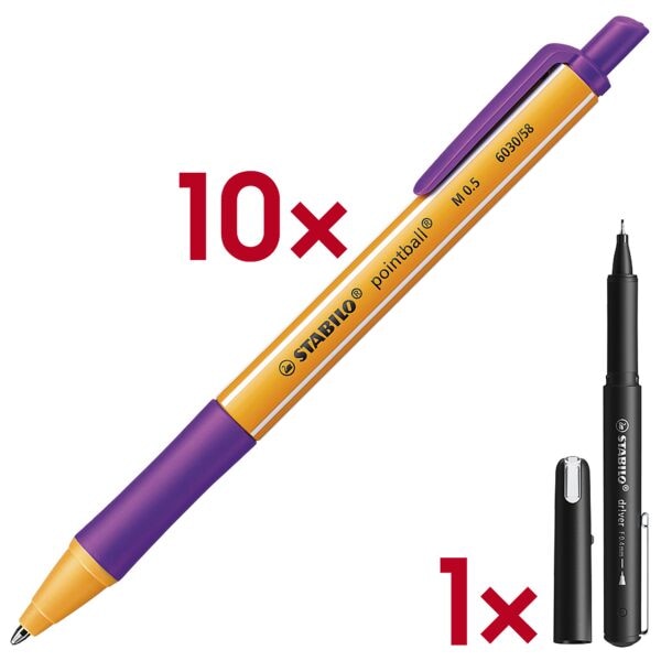 Stabilo 10x Kugelschreiber »pointball« inkl. Fineliner »dr!ver« 0,4 mm (F) schwarz lila Image
