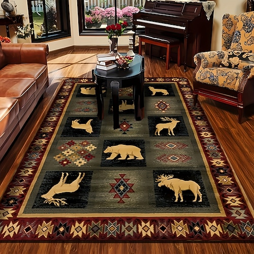 Teppich im amerikanischen Landhausstil, rustikales Vintage-Design mit Bärenmuster, strapazierfähig und fleckenabweisend, für Wohnzimmer, Schlafzimmer, Hütten- und Heimdekoration Image