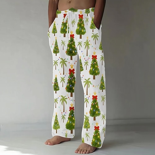 Weihnachten Herren Weihnachtsmann Weihnachtsbaum Weihnachtslicht Hosen Hose Baggy-Hosen Freizeithose Mittlere Taille Lässig Ferien Elastischer Kordelzug in der Taille Leinenähnliche Hose mit Taschen Image
